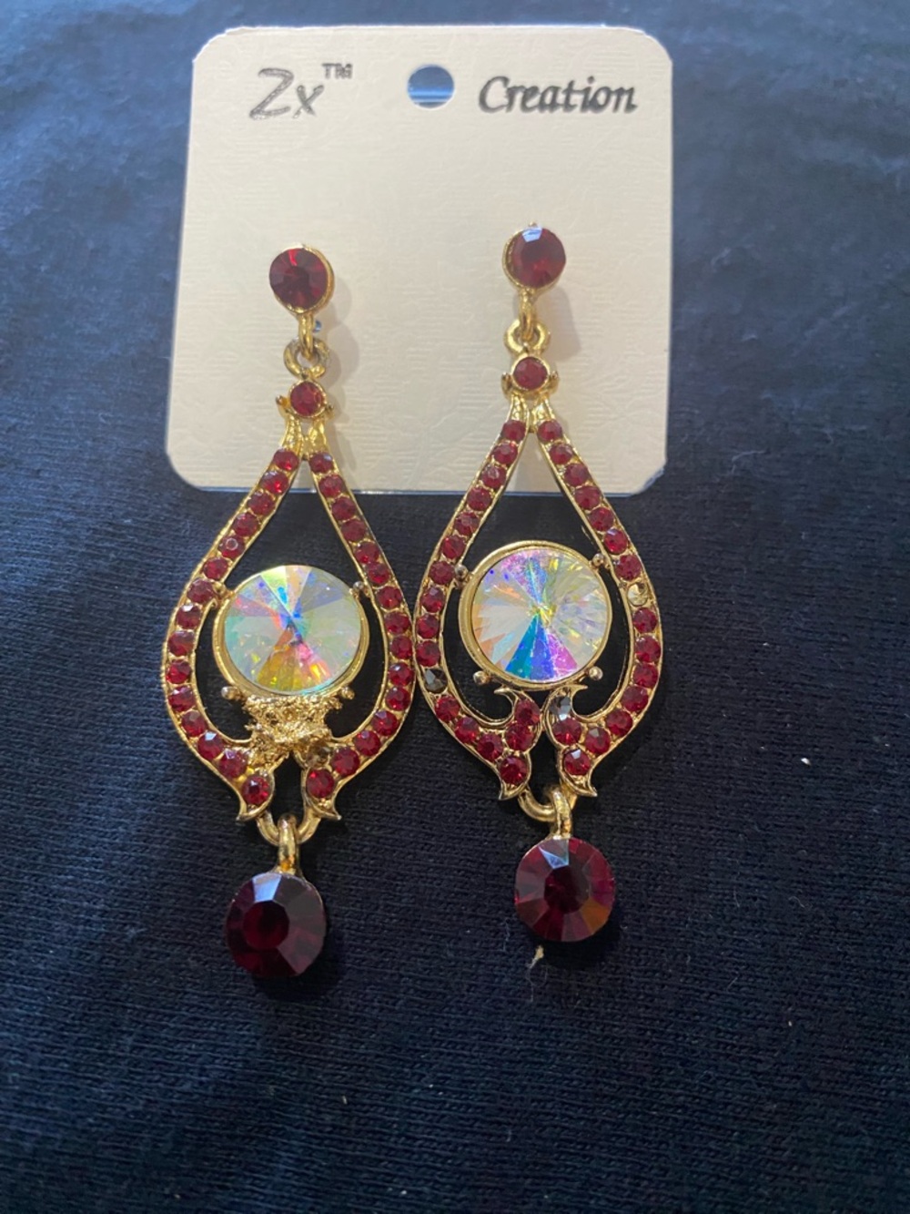 Fashion Jewelry Gold-Tone Teardrop Earrings with Red and Iridescent Stones